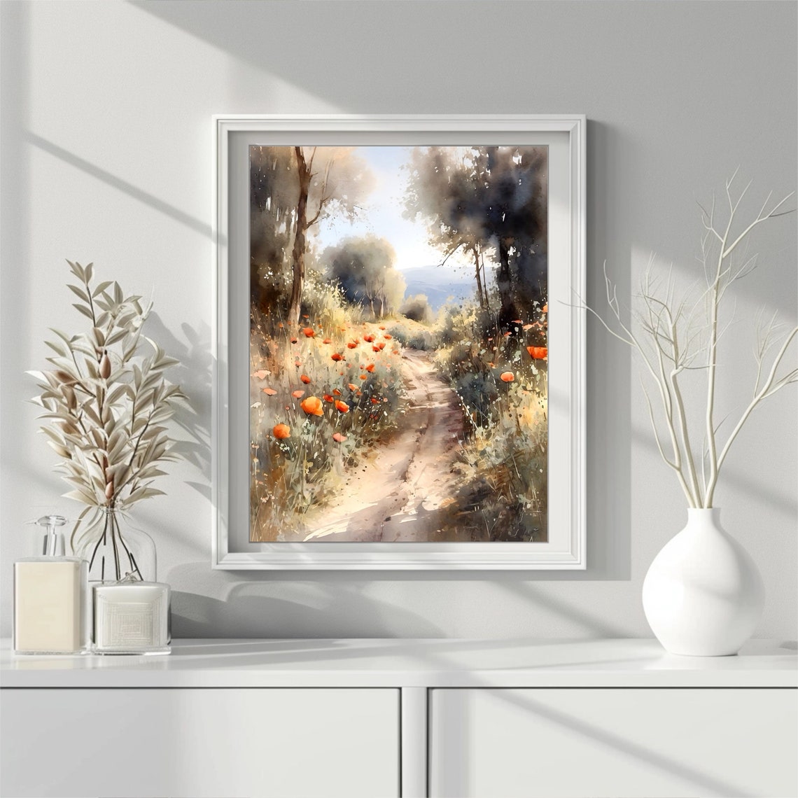 Poppy Field Path Through Woods Watercolor Nature Art Scene Poster - Image 4