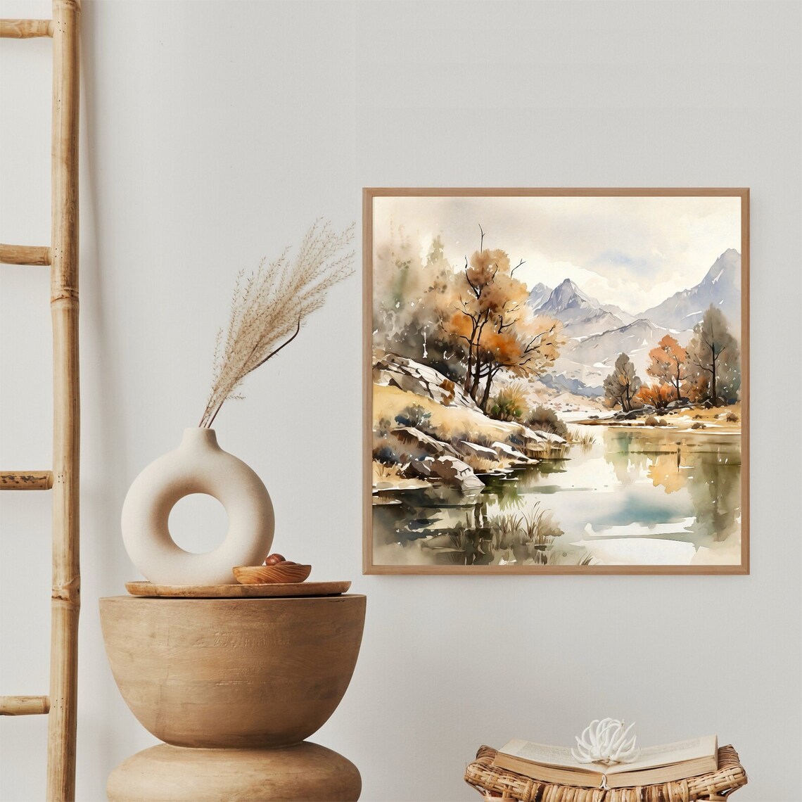 Autumn Lake Golden Trees Mountain Reflection Watercolor Art Print - Image 3