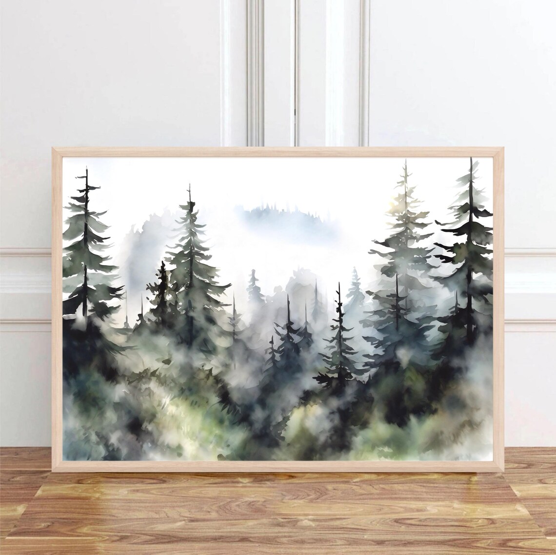 Evergreen Trees Watercolor Misty Forest Art Print - Image 4