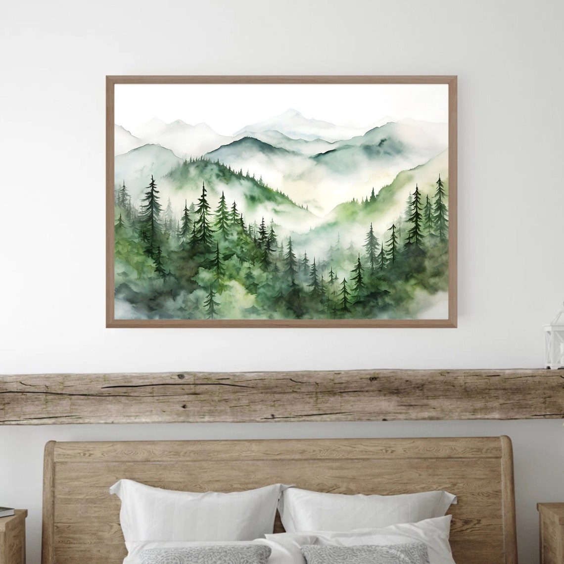 Misty Pine Forest Mountain Layers Panoramic Watercolor Wall Art - Image 4