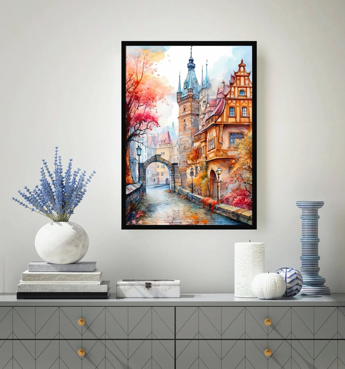 Medieval Old Town Towers Cobblestone Bridge Autumn Watercolor Poster - Image 4