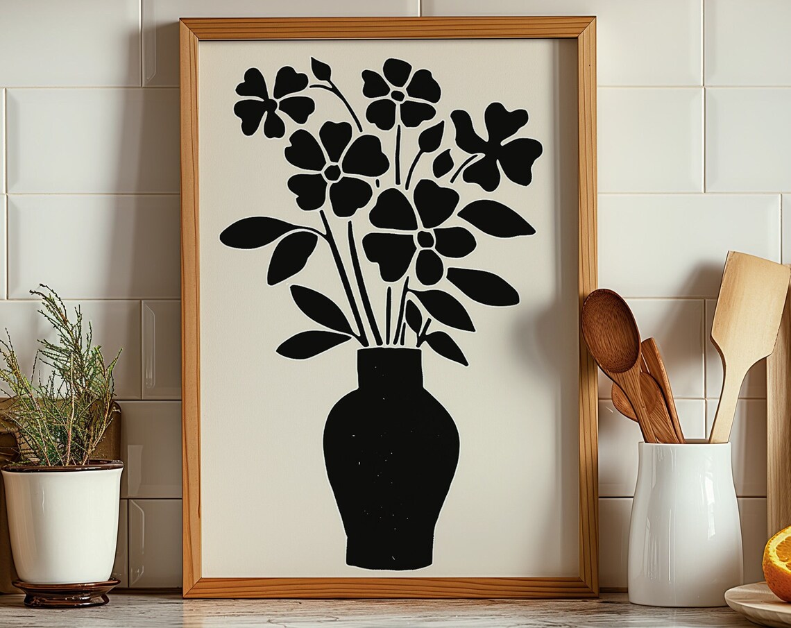 Black Flower Vase Silhouette Minimalist Botanical Kitchen Art Poster