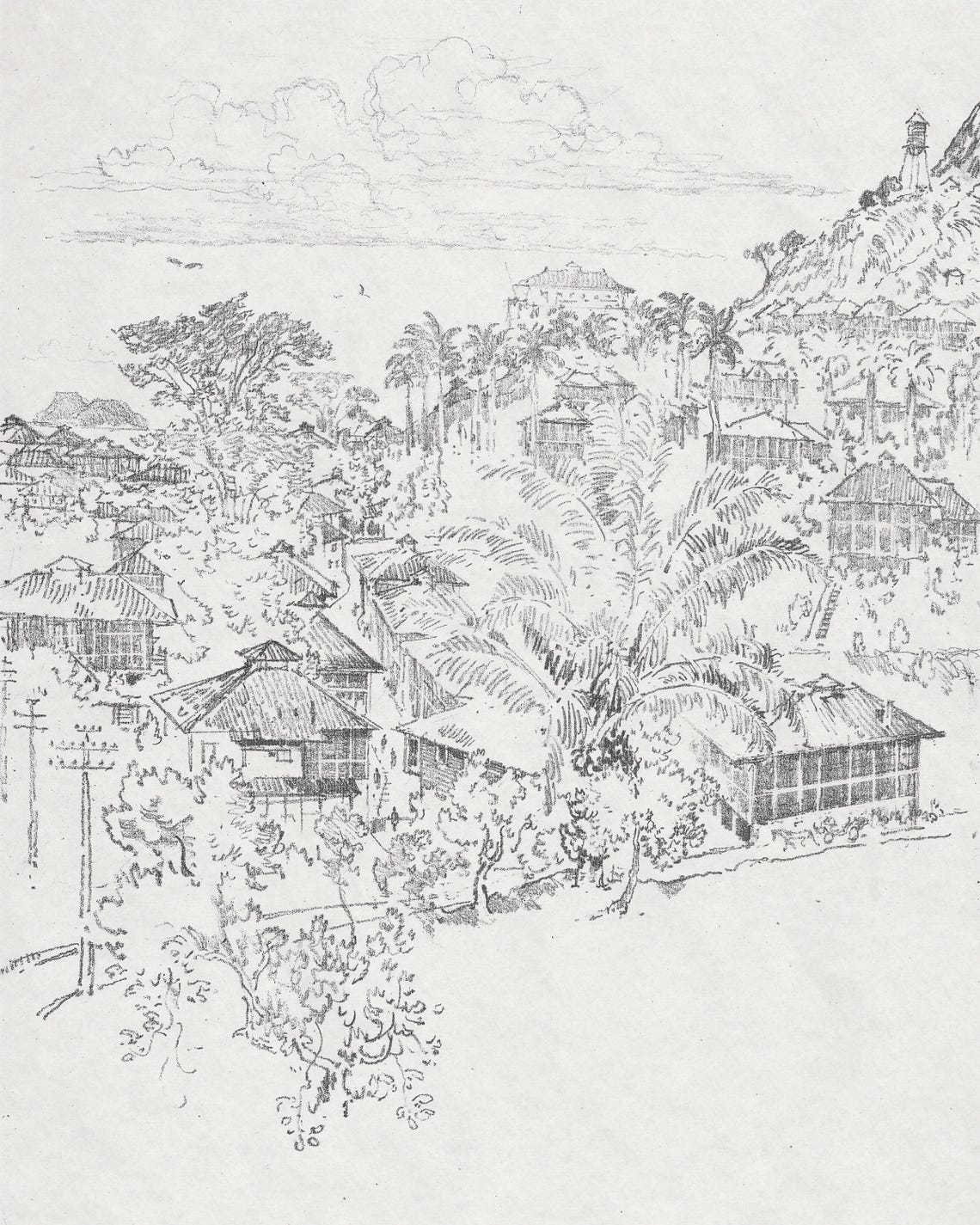 Vintage Tropical Village Architectural Sketch Wall Art Historic Architecture Illustration Minimalist Art - Image 3