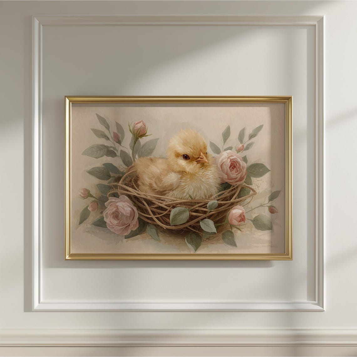 Sweet Baby Chick in a Nest With Blush Roses Vintage Farmhouse Print
