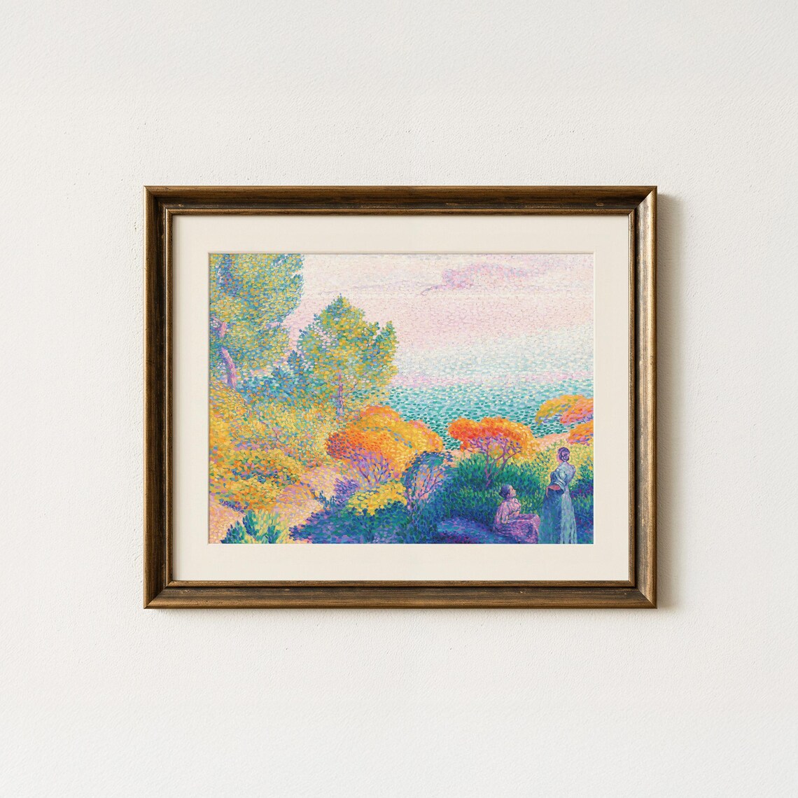 Sunny Pointillist Garden Hill Coastal View Dotted Landscape Painting Poster