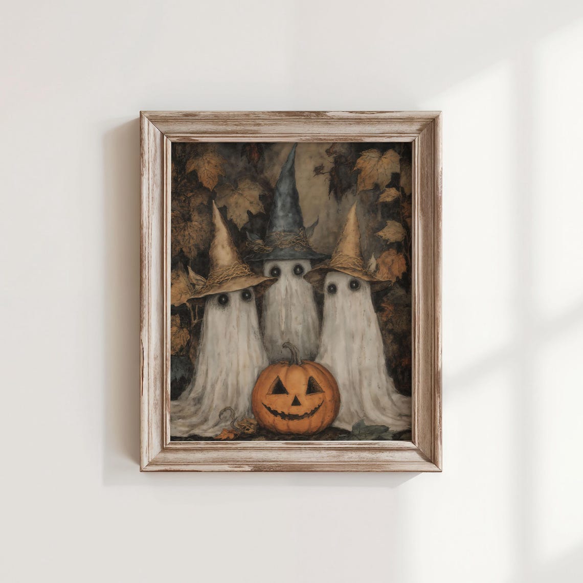 Three Ghosts Witch Hats Jack O Lantern Vintage Halloween Art Poster