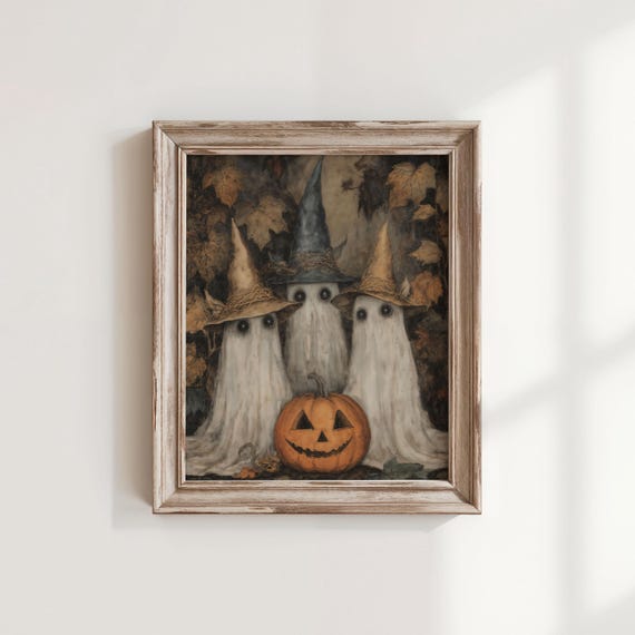 Vintage Halloween Print Ghosts With Witch Hats