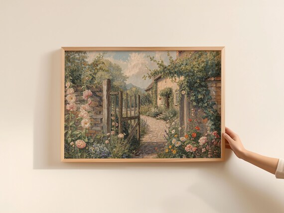 Cottage Garden Wooden Gate Pink Hollyhocks Climbing Roses Vintage Poster