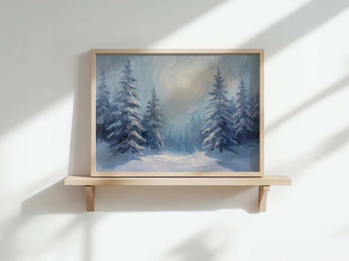 Vintage Moonlit Snowy Forest Pine Trees Serene Winter Art Poster