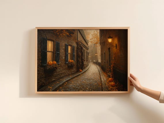 Winding Cobblestone Street Painting Vintage Halloween Art
