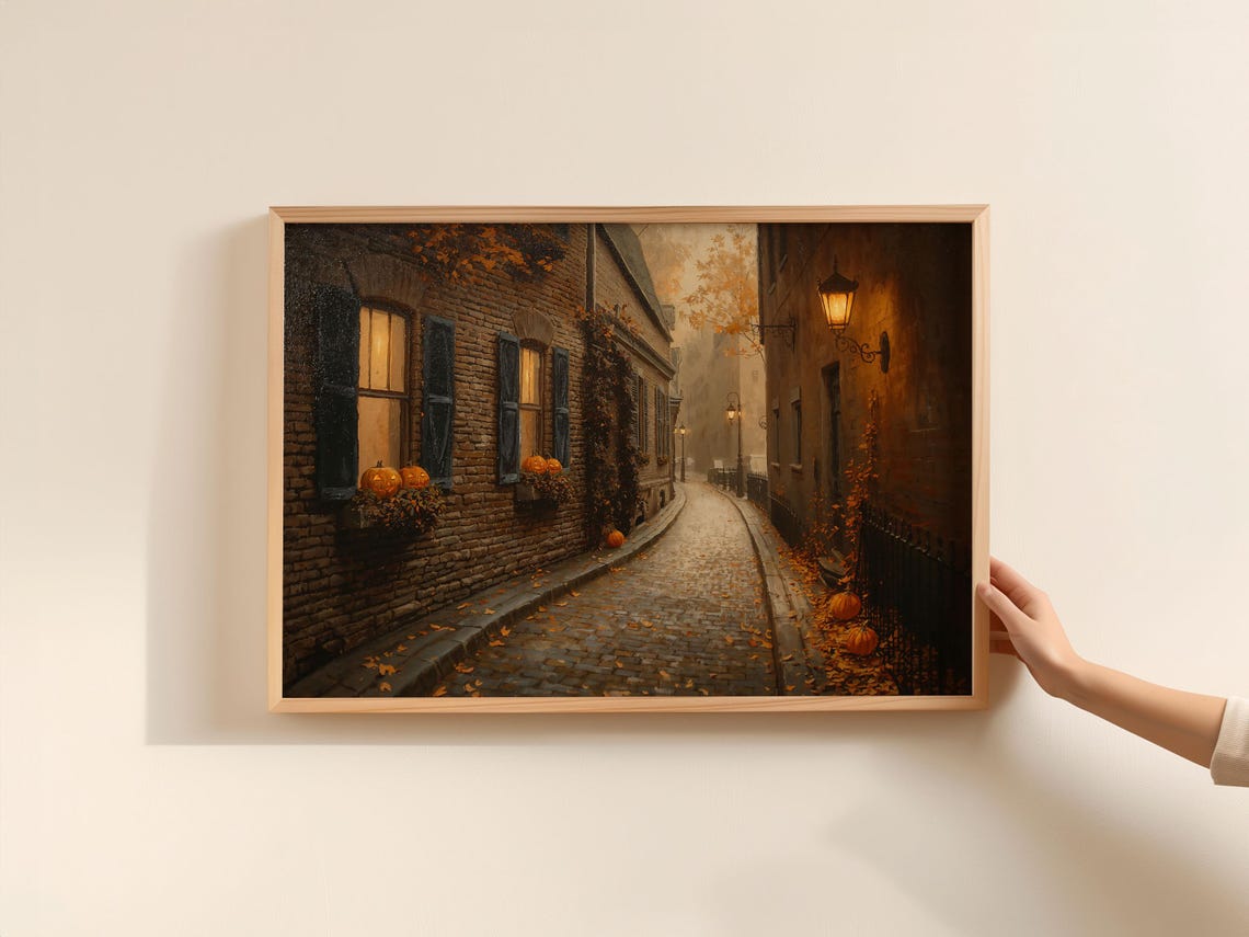 Winding Cobblestone Street Painting Vintage Halloween Art