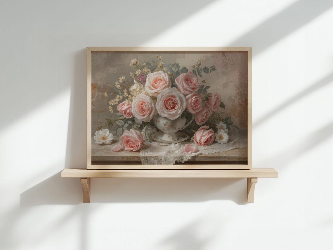 Vintage Pink Roses Teapot Floral Print Soft Pastel Still Life Art