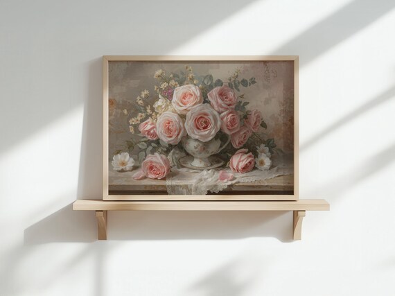 Vintage Pink Roses Teapot Floral Print Soft Pastel Still Life Art