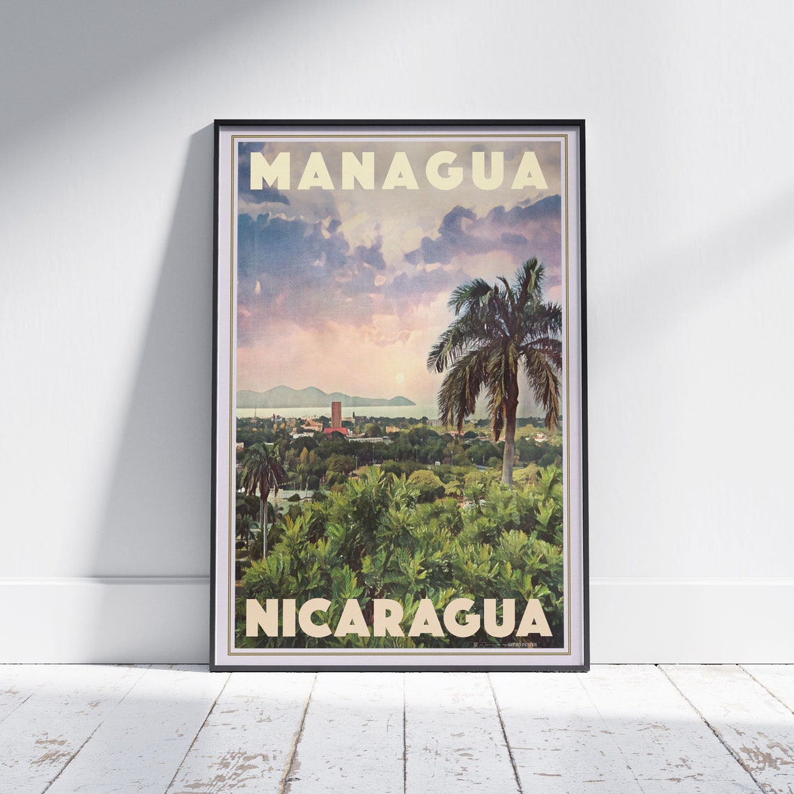 Managua Nicaragua Sunset Skyline Palm Trees Retro Travel Poster