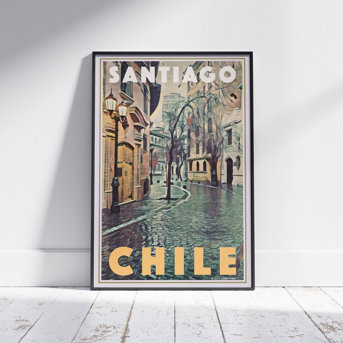 Santiago Chile Rainy Cobblestone Street Retro Travel City Poster