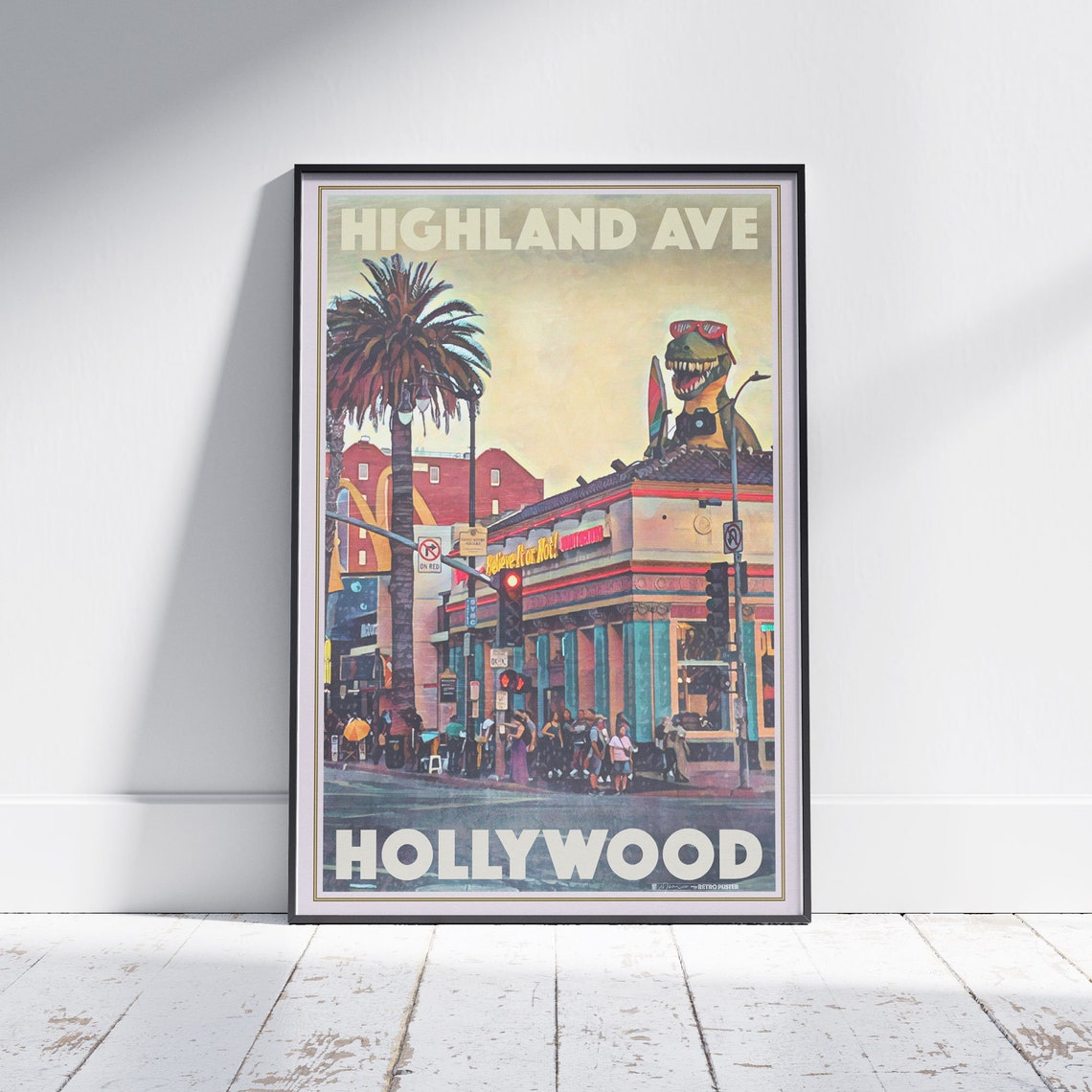Hollywood Highland Ave Vintage Poster Dinosaur Rooftop Landmark Art