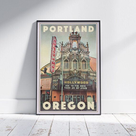 Portland Oregon Hollywood Theatre Marquee Retro Cinema Travel Poster