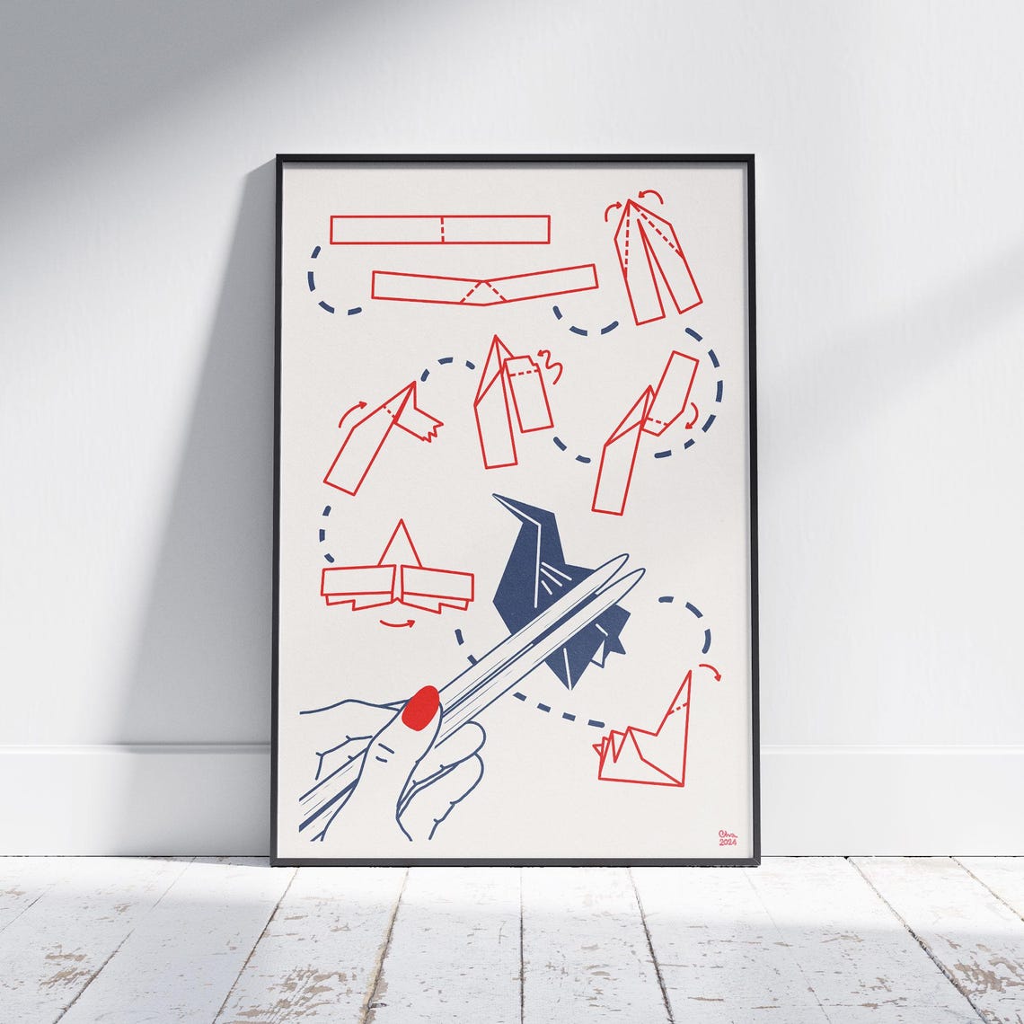 Origami Crane Chopsticks Folding Diagram Japanese Minimalist Poster