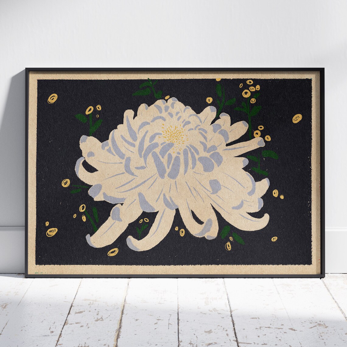 White Chrysanthemum Blooming Black Japanese Woodblock Floral Poster