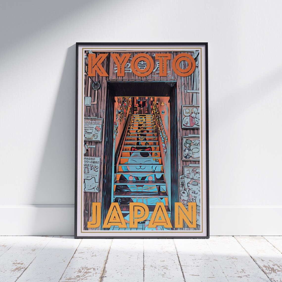 Kyoto Japan Retro Travel Poster Painted Lucky Cat Staircase Street Art