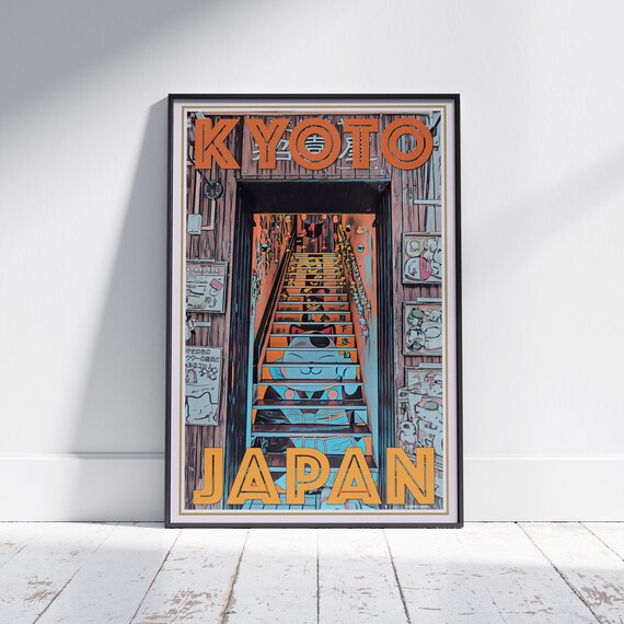 Kyoto Japan Retro Travel Poster Painted Lucky Cat Staircase Street Art