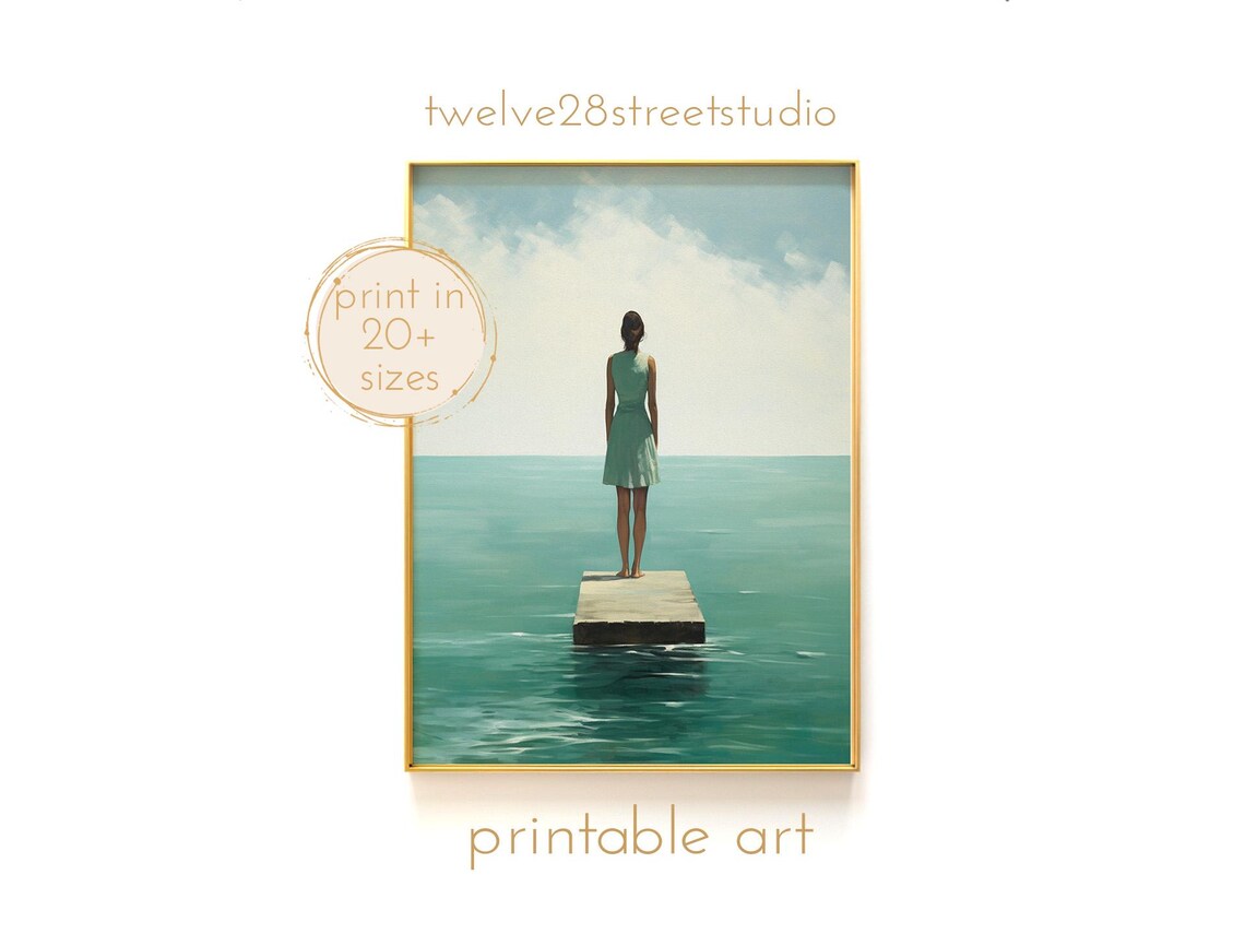 Woman on Dock Overlooking Turquoise Ocean Minimalist Sea Art Print