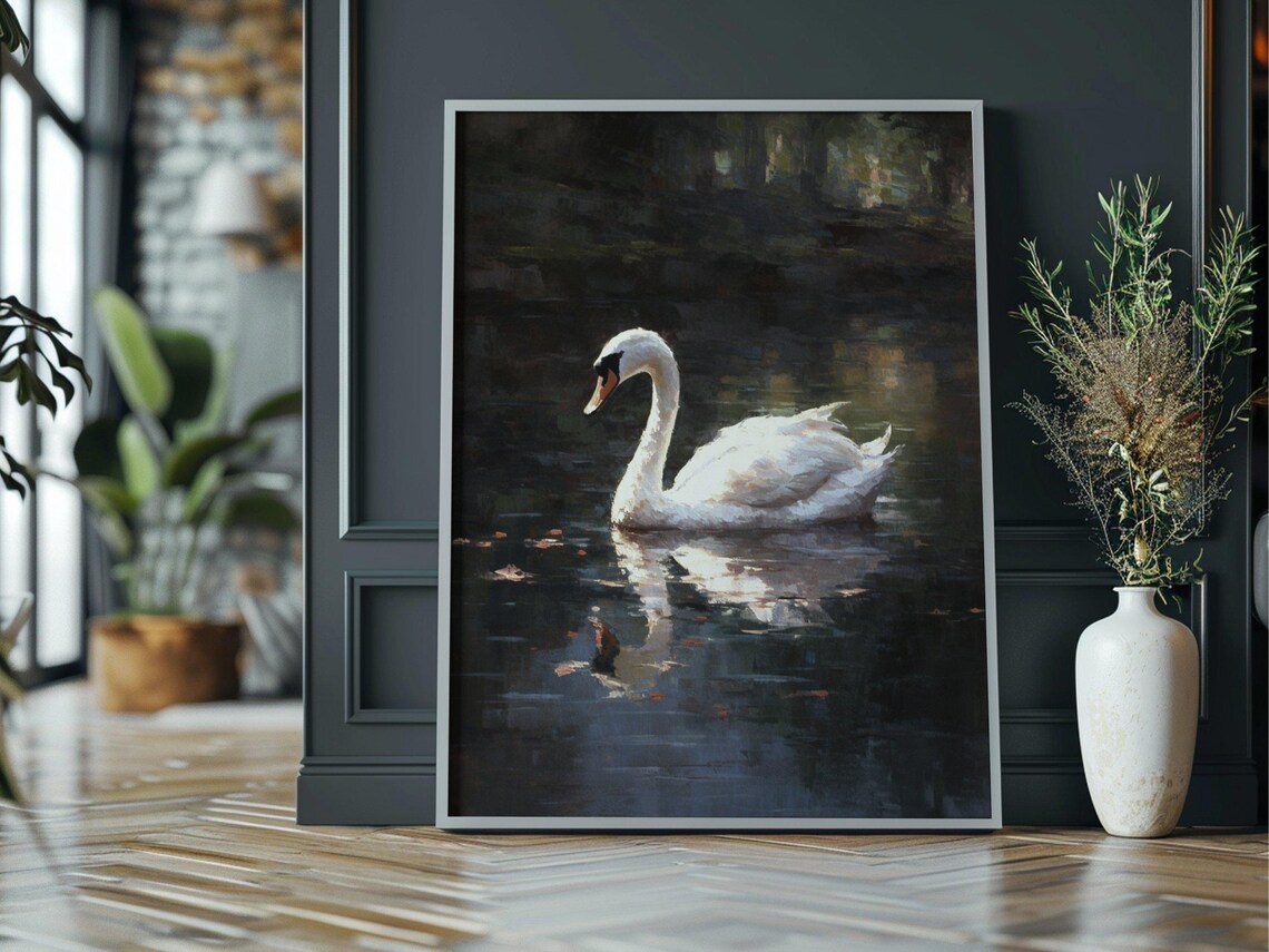 White Swan Moonlit Lake Dark Moody Water Bird Oil Painting Wall Art - Image 3