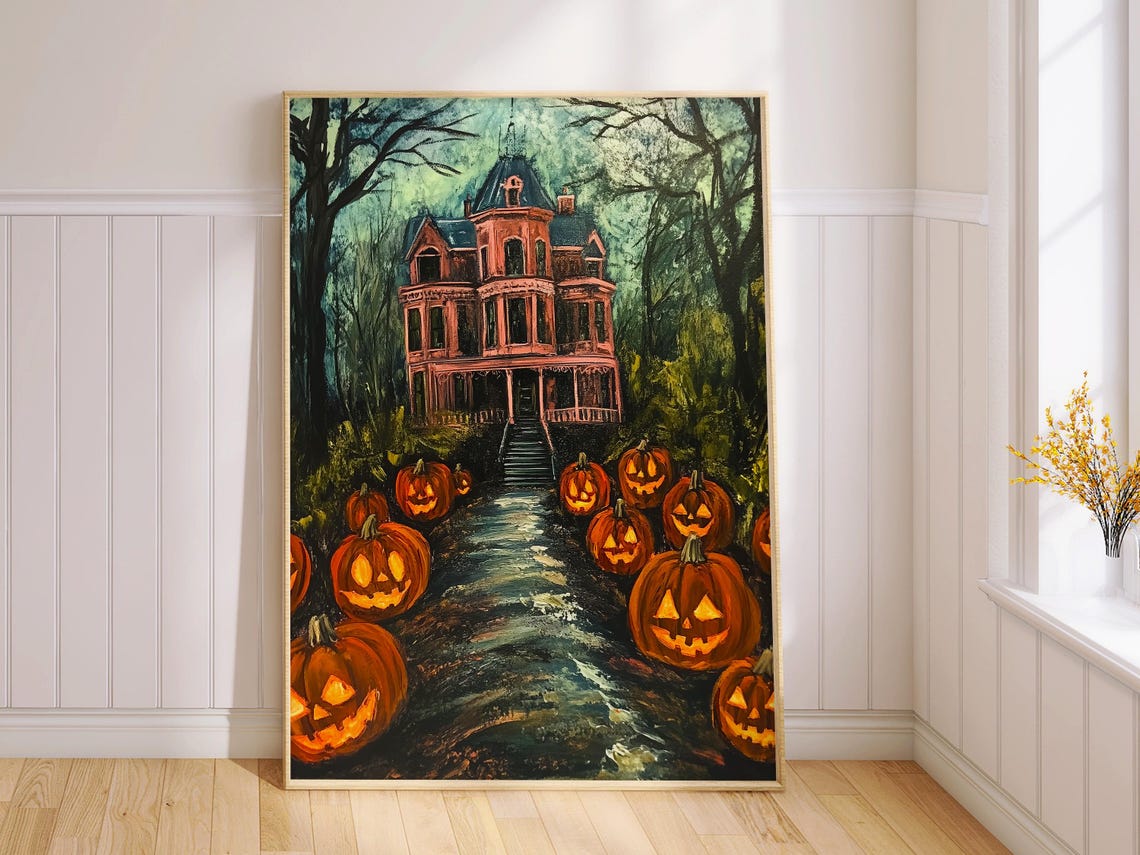 Haunted House with Glowing Jack O Lanterns Spooky Halloween Wall Art - Image 2