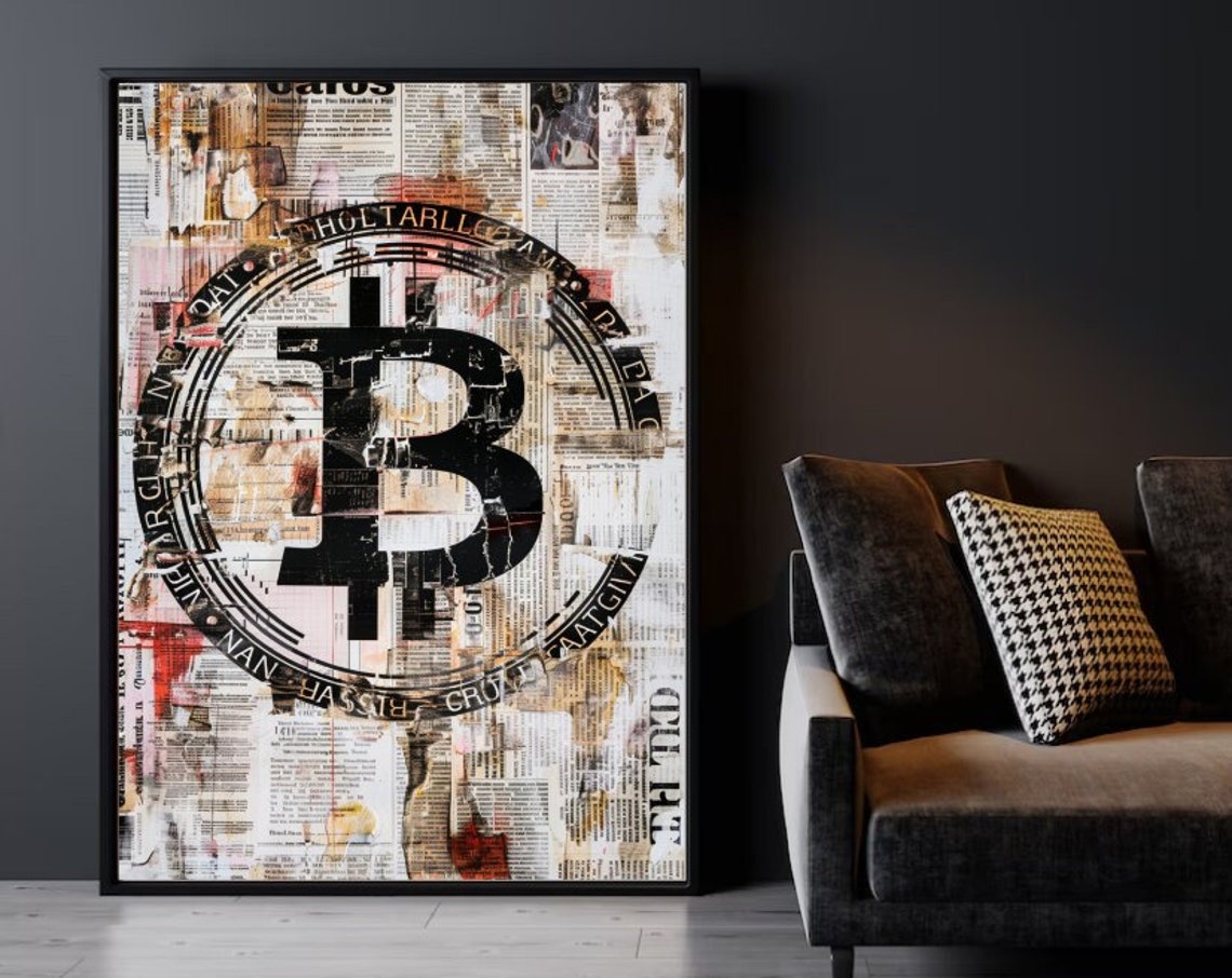 Bitcoin Newspaper Collage Art Vintage Finance Wall Street Poster