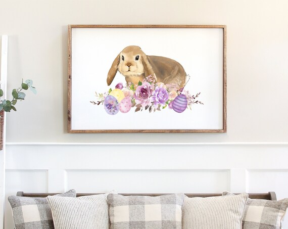 Watercolor Easter Bunny Print Lop Rabbit Purple Floral Bouquet Decor