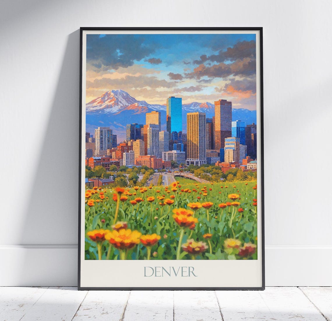 Denver Colorado Skyline Wildflower Sunset Painted Travel Poster
