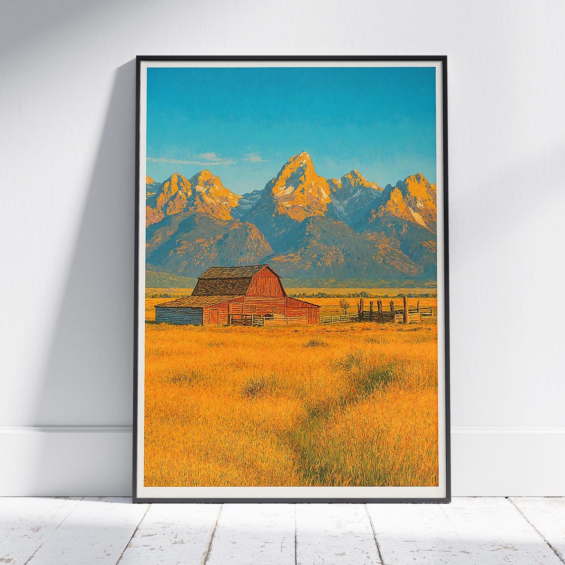 Mormon Row Barn Poster Grand Teton Wyoming Golden Field Rustic Artwork
