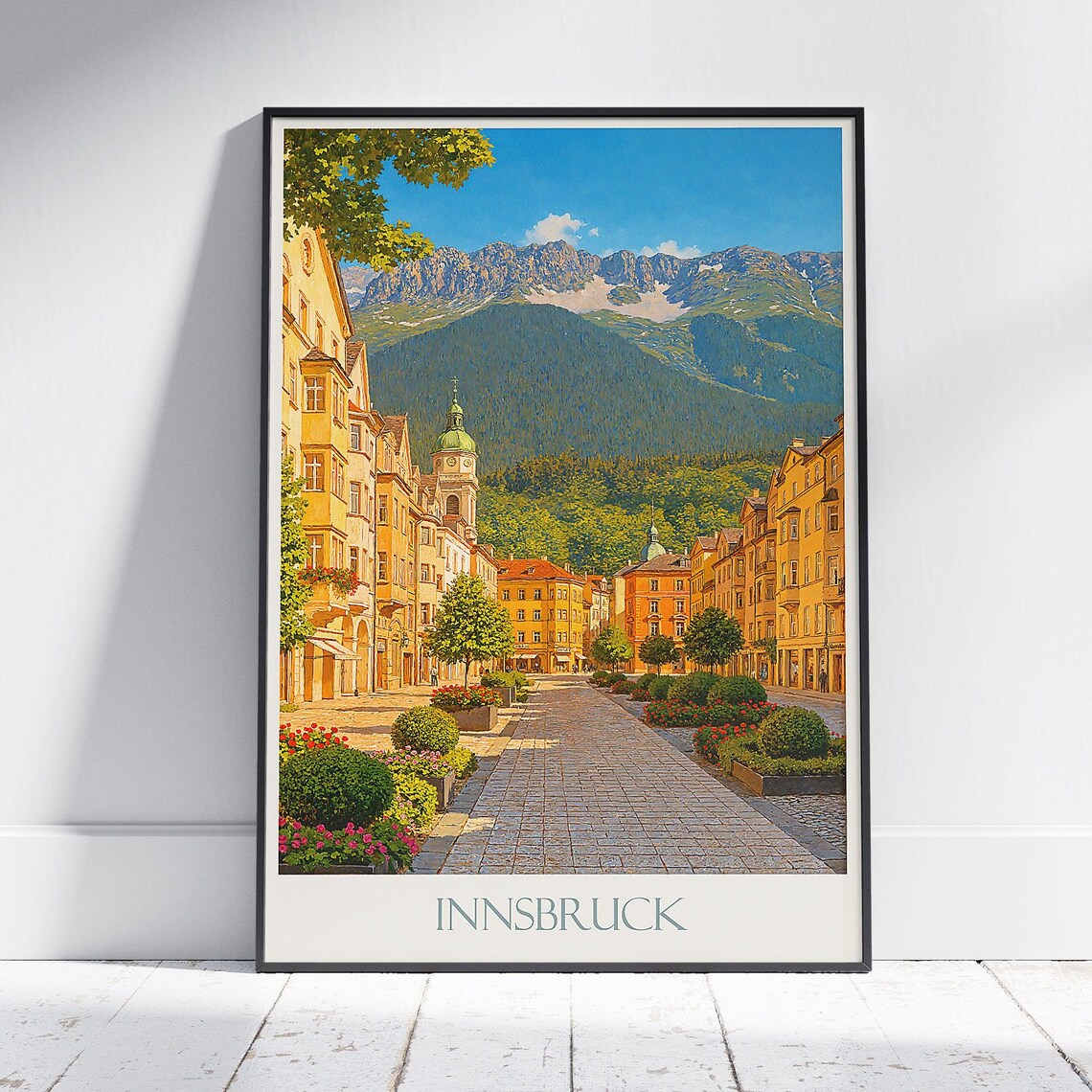 Innsbruck Austria Old Town Street Mountain View Travel Poster