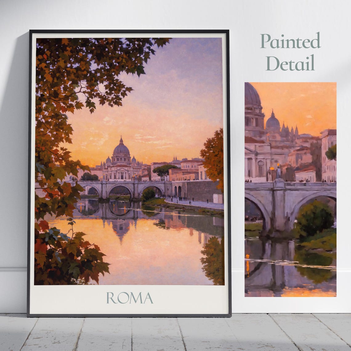 Roma Italy St Peters Basilica Painted Travel Poster Sunset Tiber