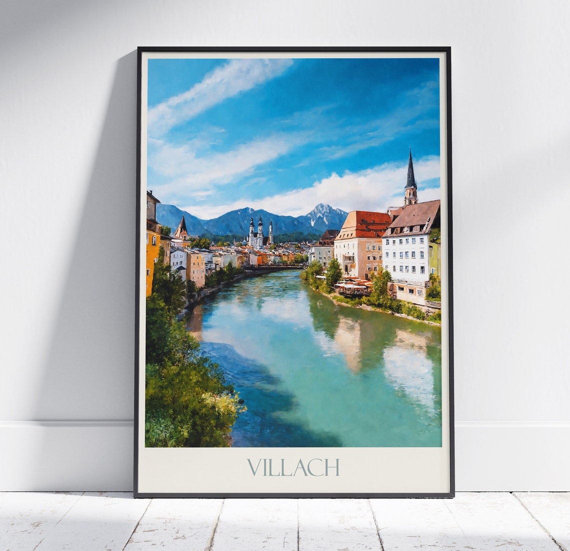 Villach Austria Riverside Old Town Alpine Peaks Travel Poster