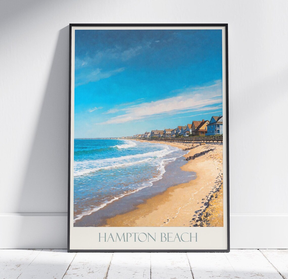 Hampton Beach Painted Coastal Scene With Surf And Beach Cottages Poster
