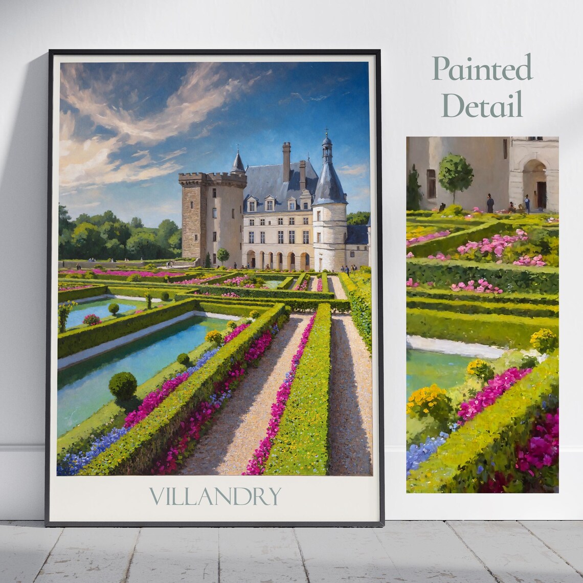Villandry France Chateau Gardens Painted Travel Poster Loire Valley