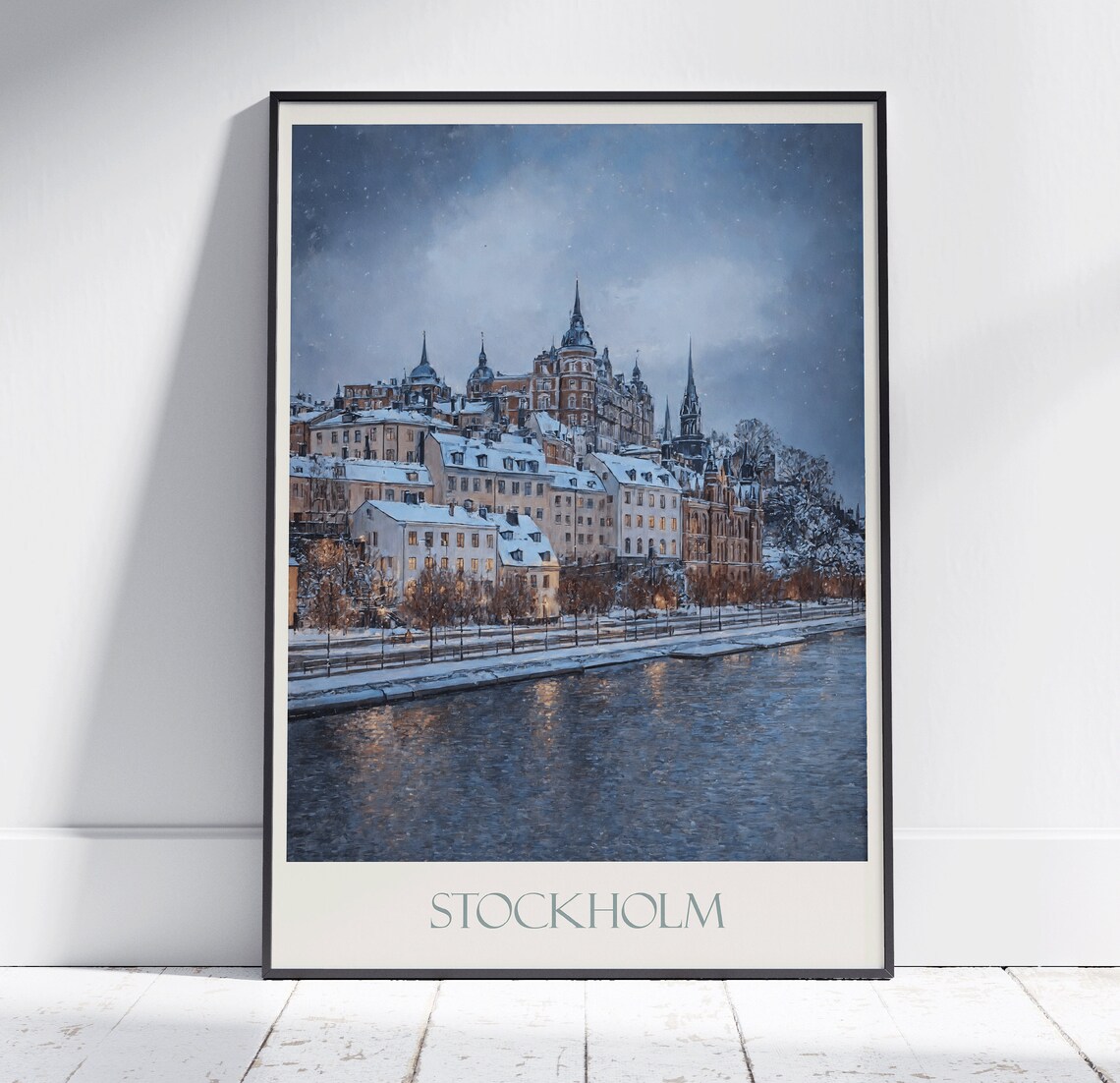 Stockholm Sweden Winter Snow Old Town Waterfront Painted Poster