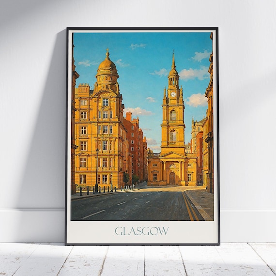 Glasgow Scotland Travel Poster Victorian Architecture City Street Art