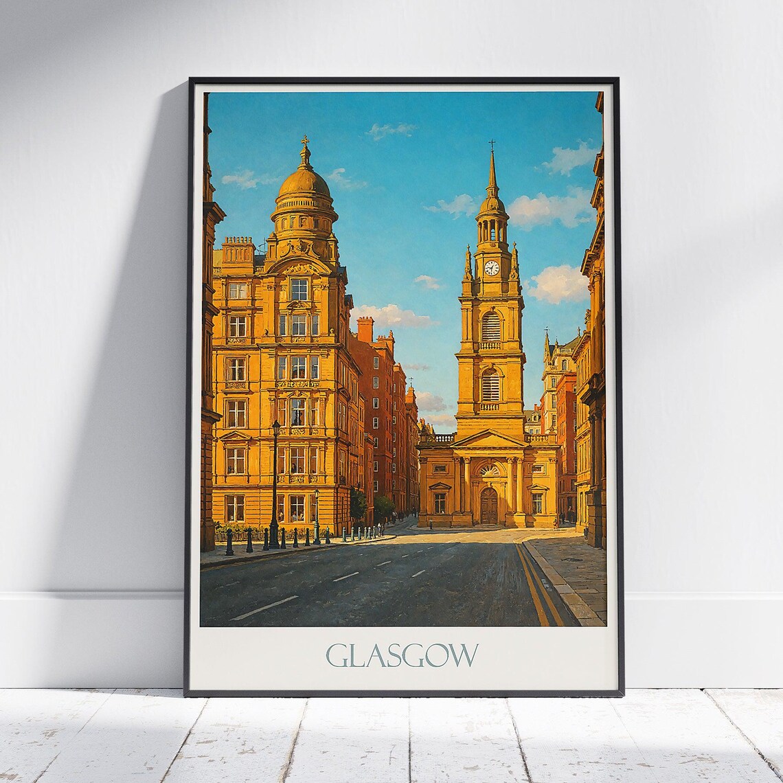 Glasgow Scotland Travel Poster Victorian Architecture City Street Art