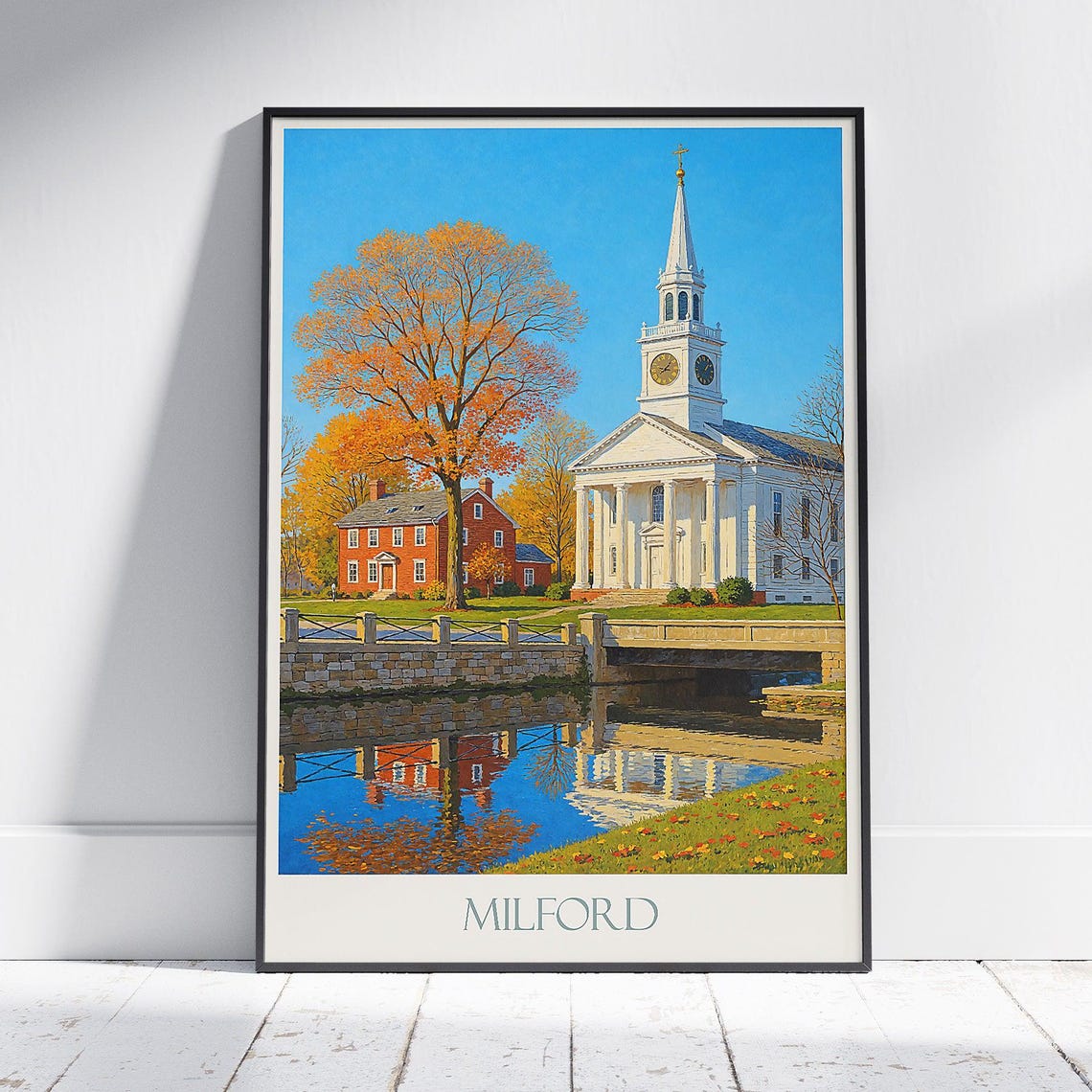 Milford New England White Church Autumn Reflection Travel Poster