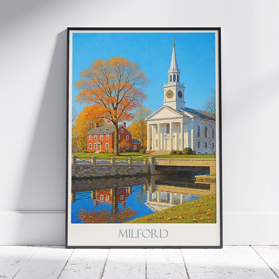 Milford New England White Church Autumn Reflection Travel Poster