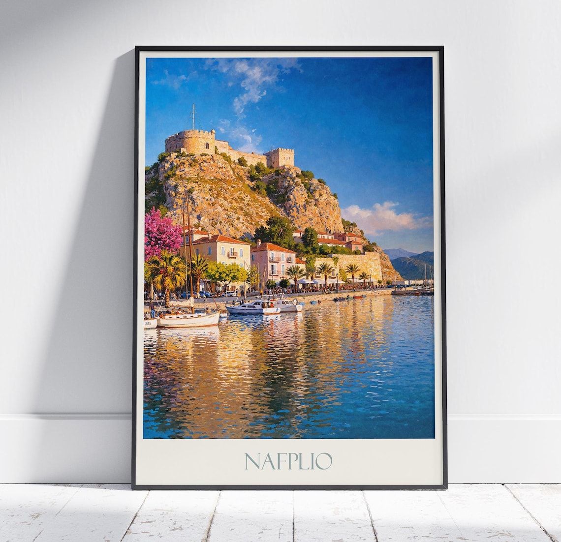 Nafplio Greece Coastal Harbor Boats and Hilltop Fortress Travel Poster
