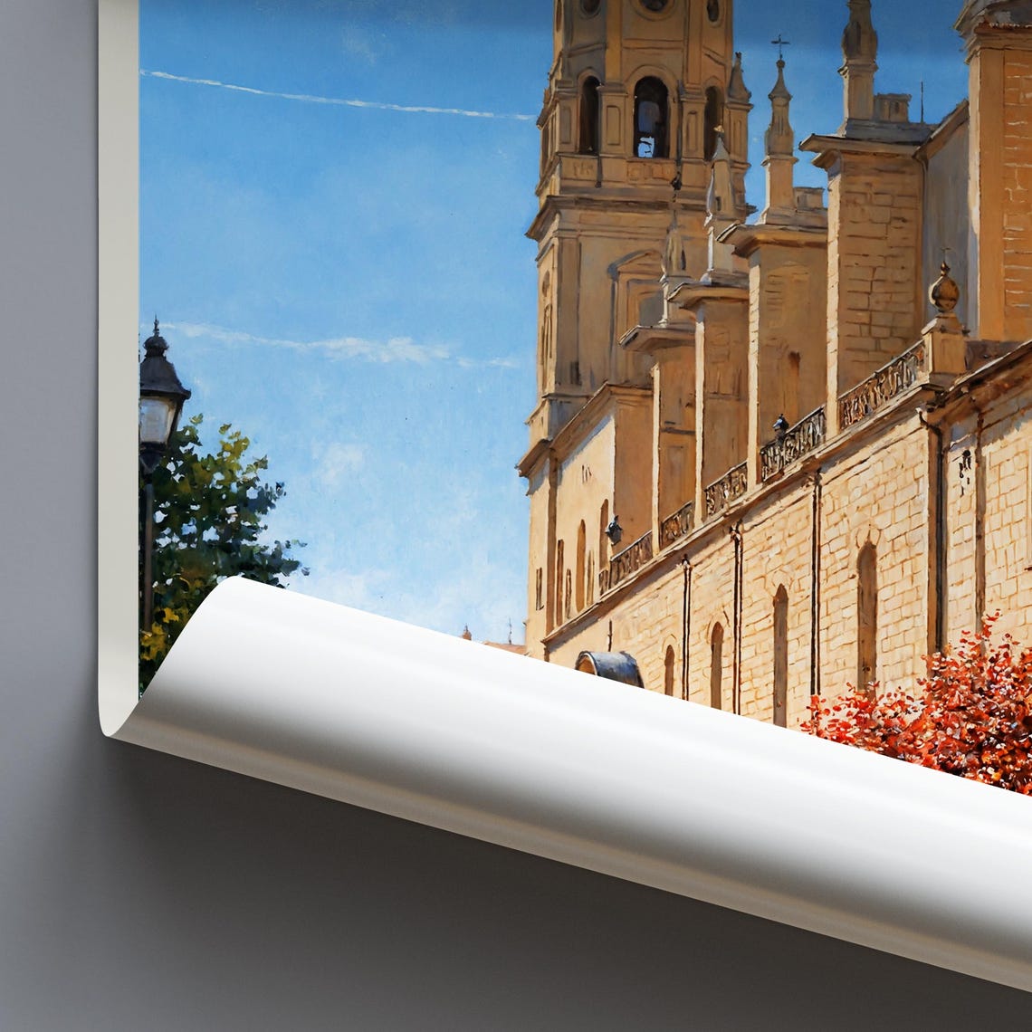 Logrono Spain Cathedral Plaza Painted Travel Poster Autumn Trees - Image 3