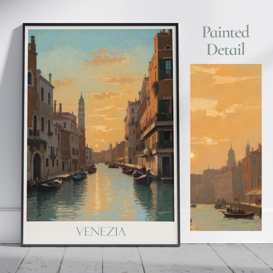Venezia Italy Canal Painted Travel Poster Gondolas Sunset Golden Hour