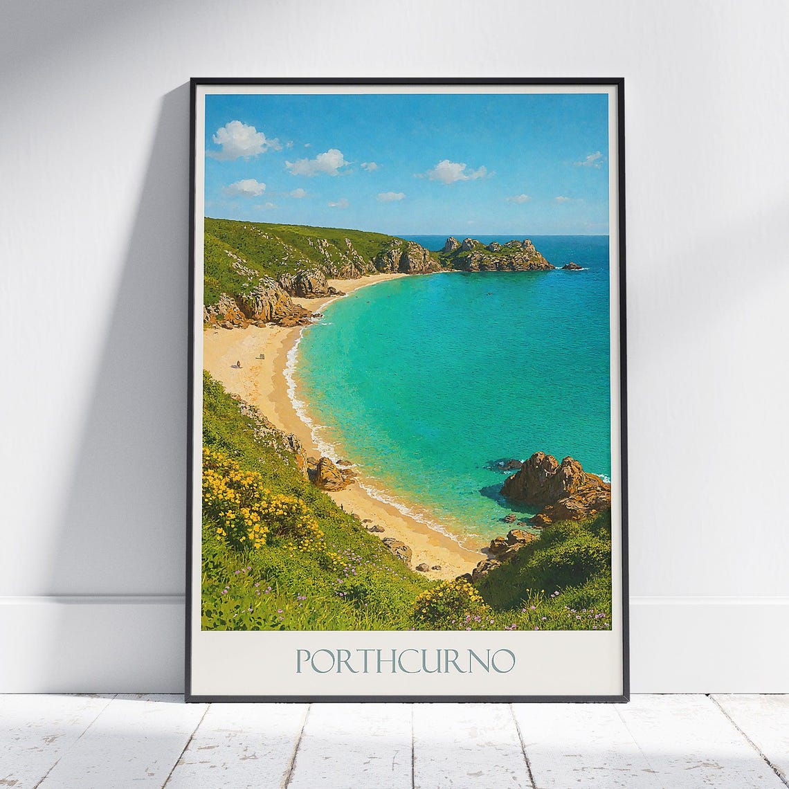 Porthcurno Cornwall Cliffs And Golden Turquoise Beach Cove Poster