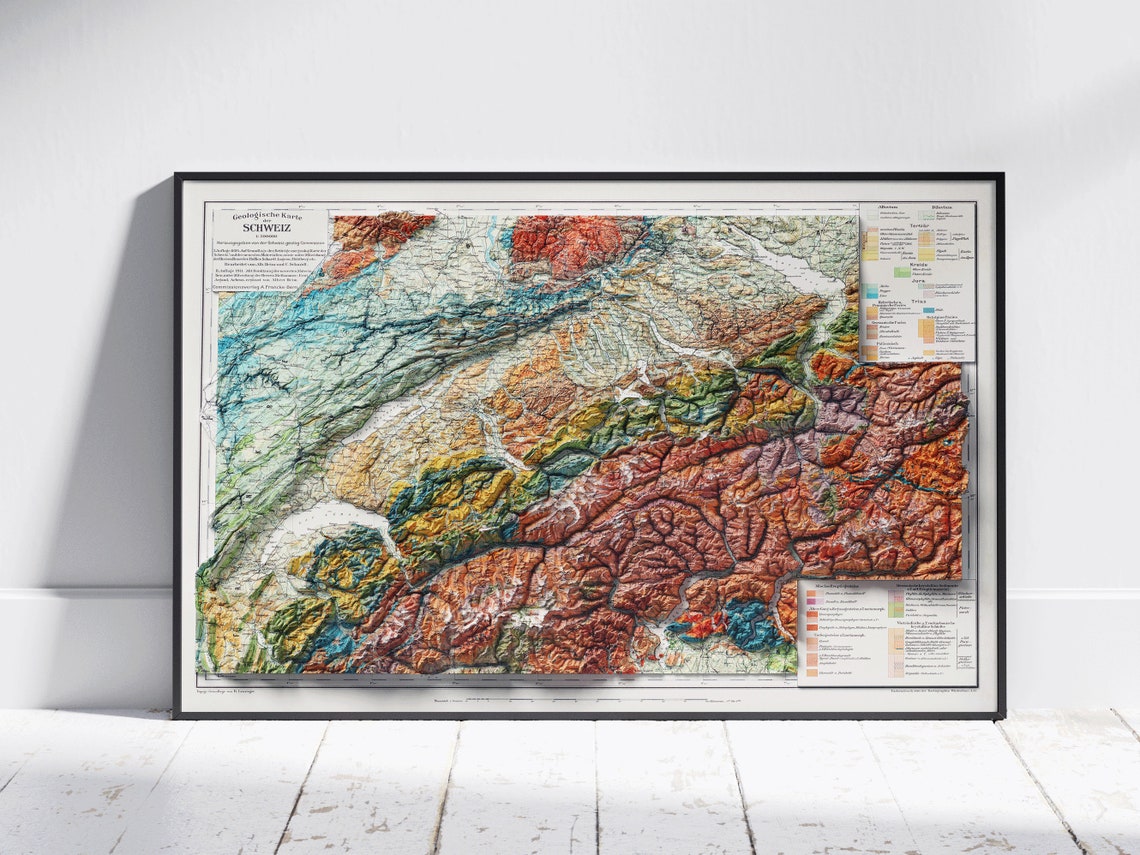 Switzerland Vintage Geological Shaded Relief Map Decorative Art Print