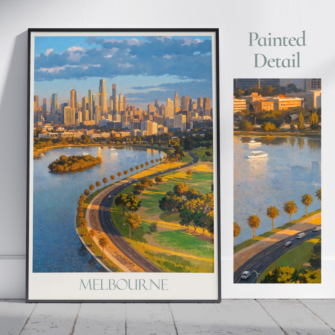 Melbourne Australia Painted Skyline River Sunset Travel Poster