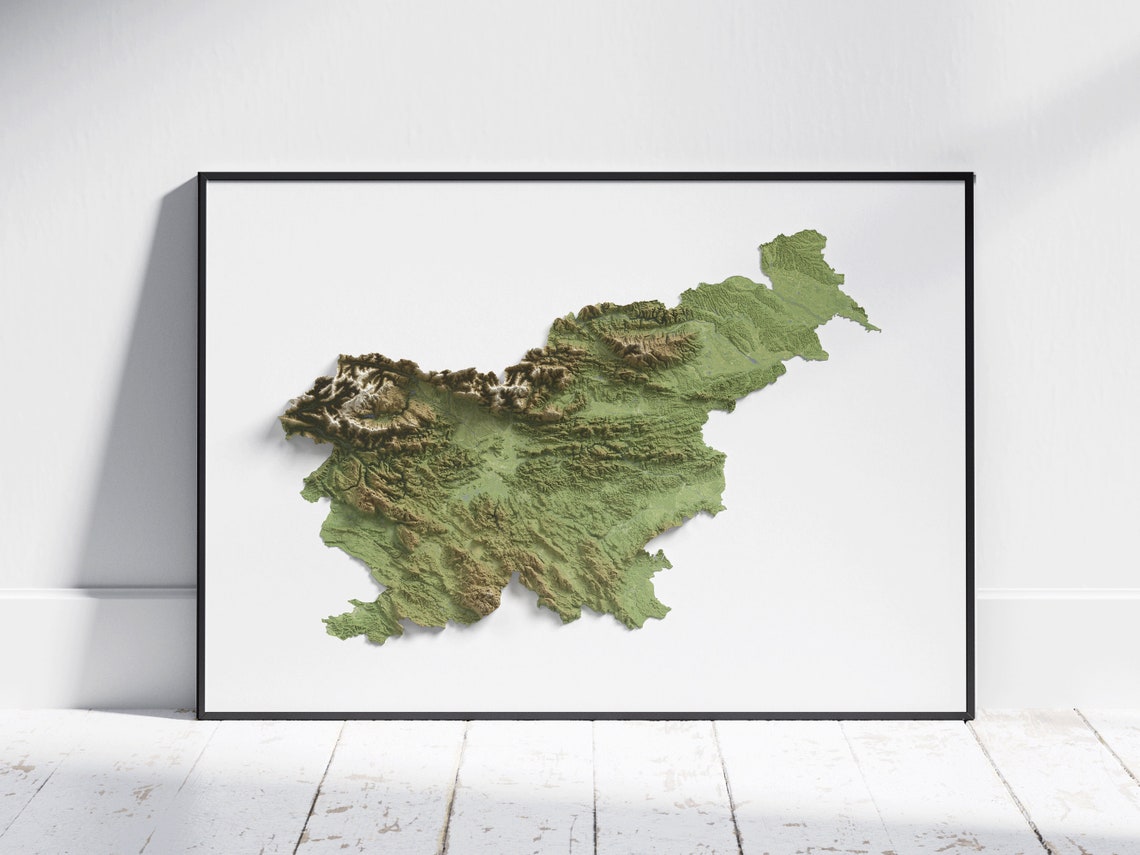 Slovenia Minimalist Green Shaded Relief Topographic Map Poster