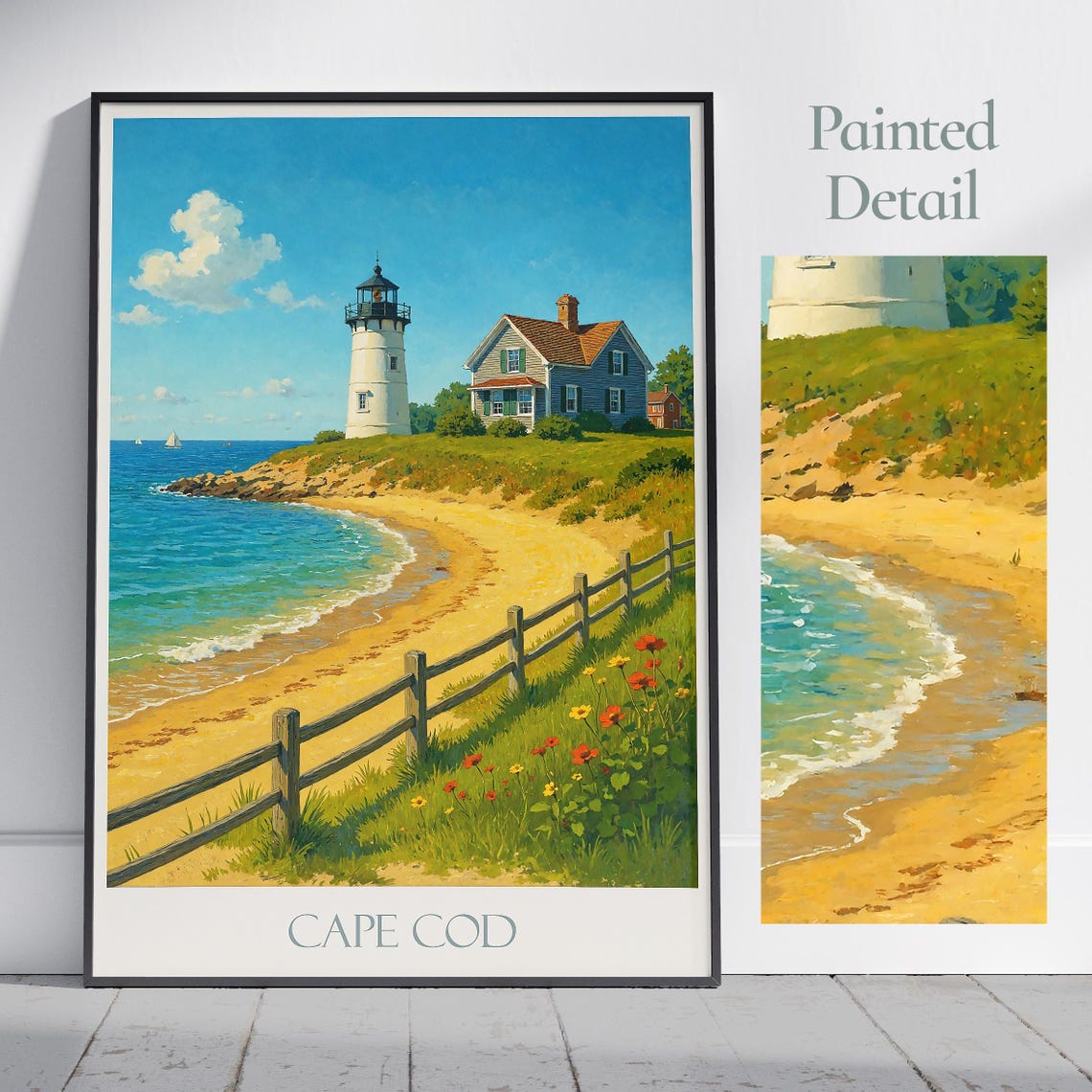Cape Cod Lighthouse Beach Fence Wildflowers Sailboat Travel Poster